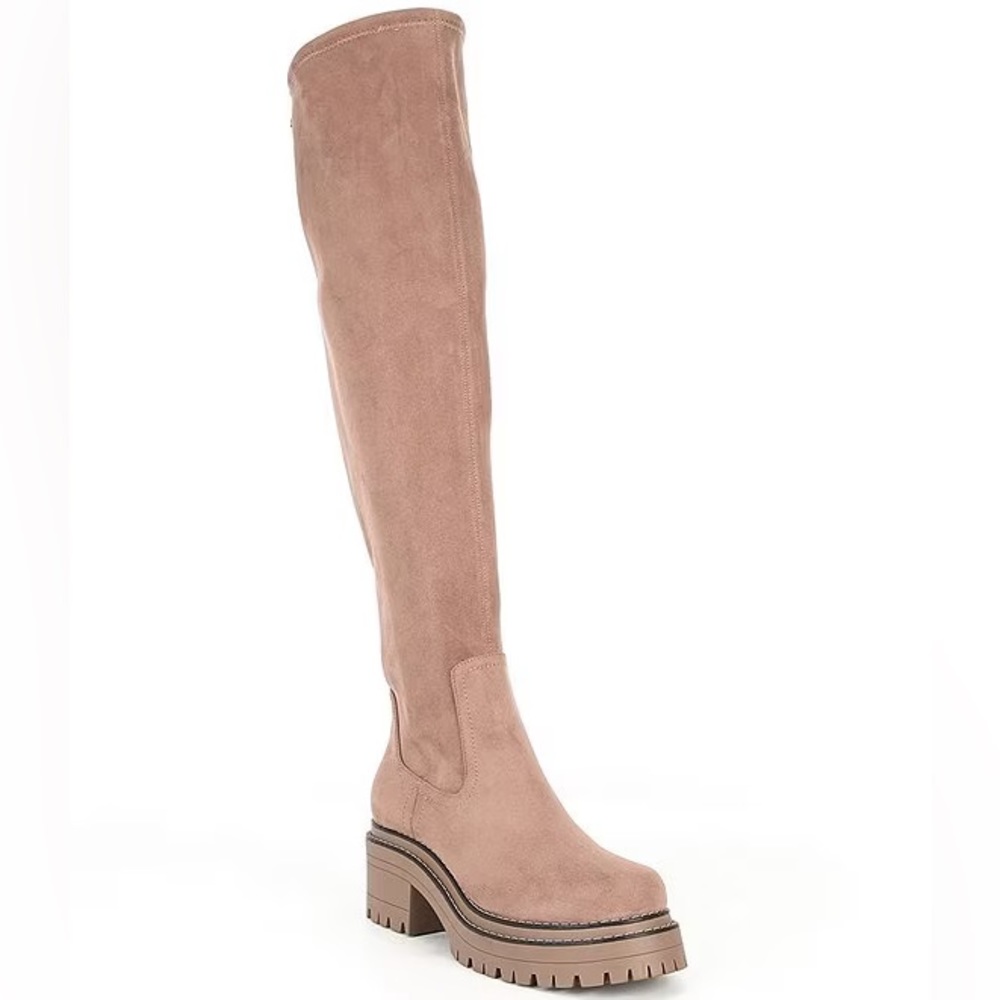 Gianni Bini Faux Calf Suede Platform chunky Chelsea lug over knee camel boots